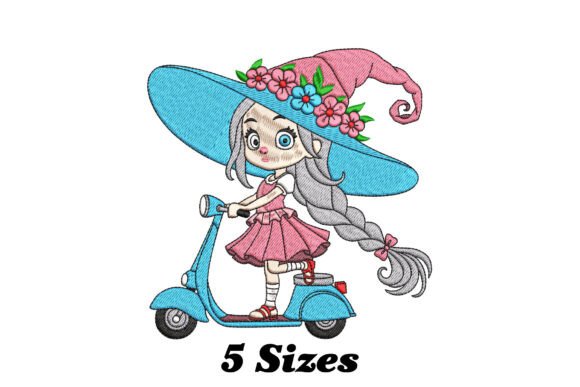 Cute Girl Riding Scooter: A Playful Embroidery Design for Versatile Products